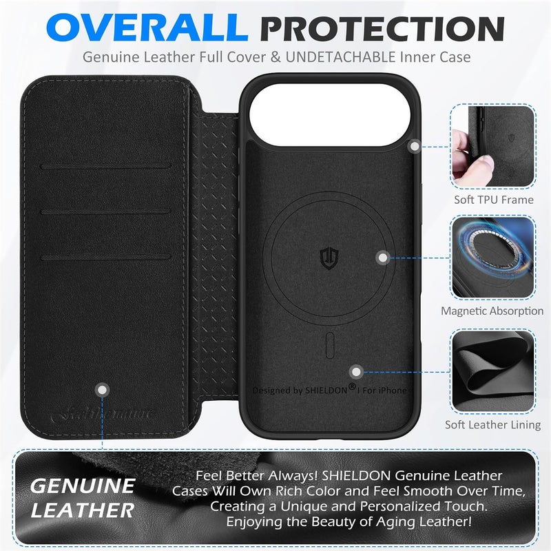 SHIELDON Genuine Leather Slim Wallet Case for iPhone Air 6.5-inch 2025 | Magnetic Closure | Wireless Charging | RFID Blocking Credit Card Holder | Folio Protective Phone Cover | Black - Image 3